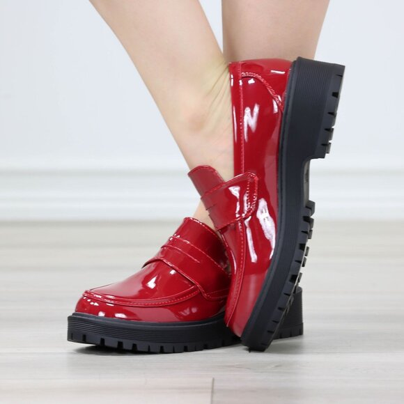 Womens Chunky Penny Loafer Lug Sole Slip On Platform Red Patent - Picture 3 of 16